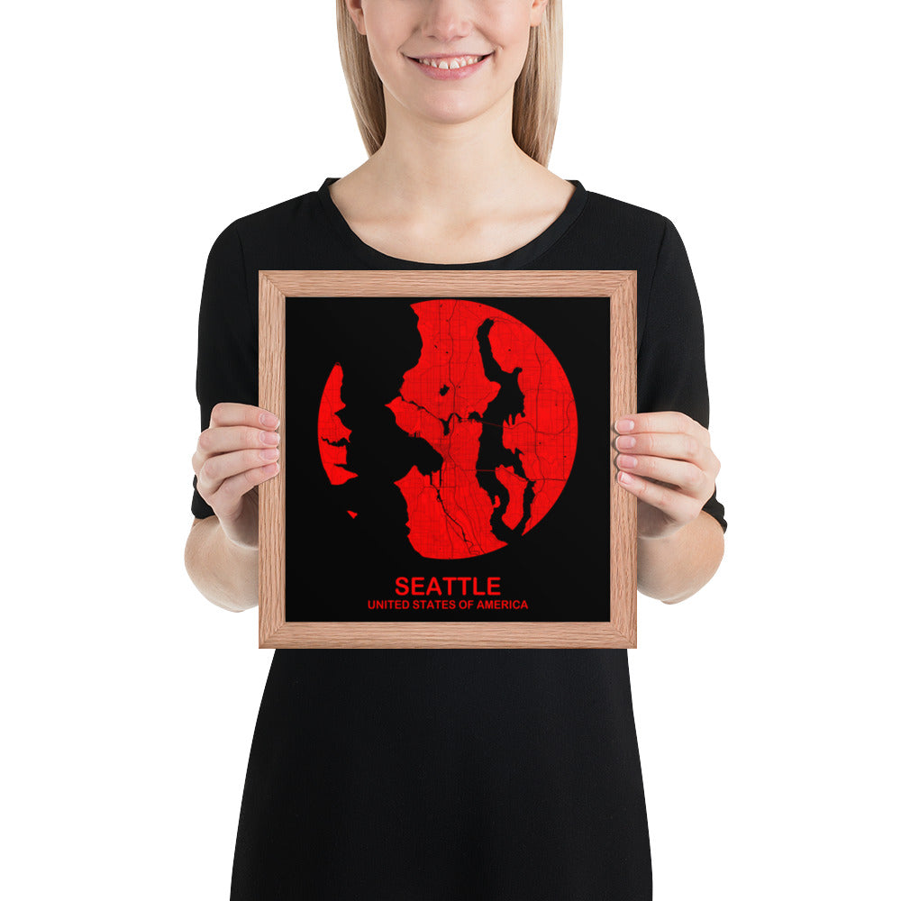 Seattle Circular Red Framed Map