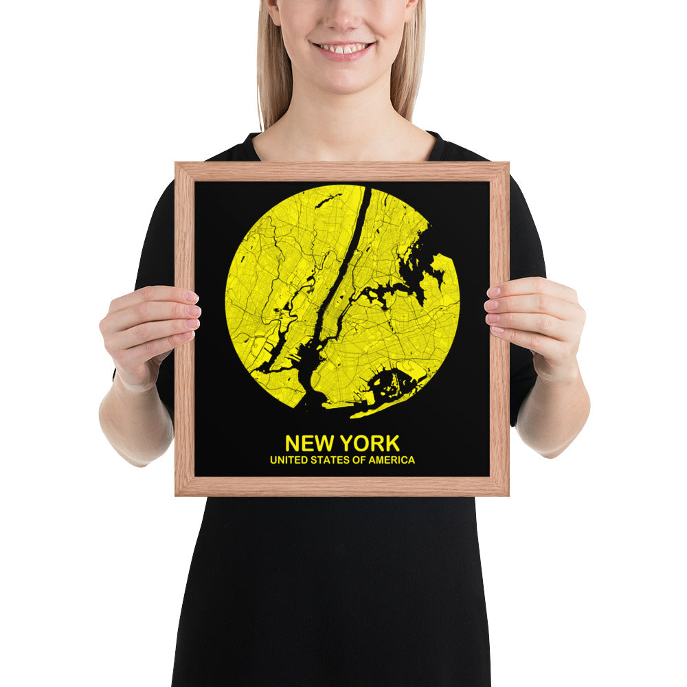 New York Circular Yellow Framed Map