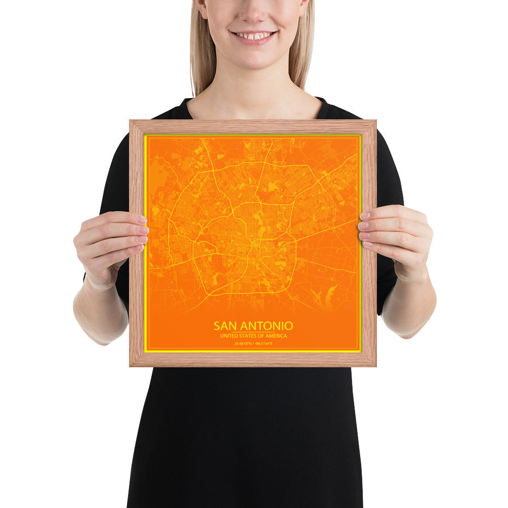 San Antonio Orange and Yellow Framed Map