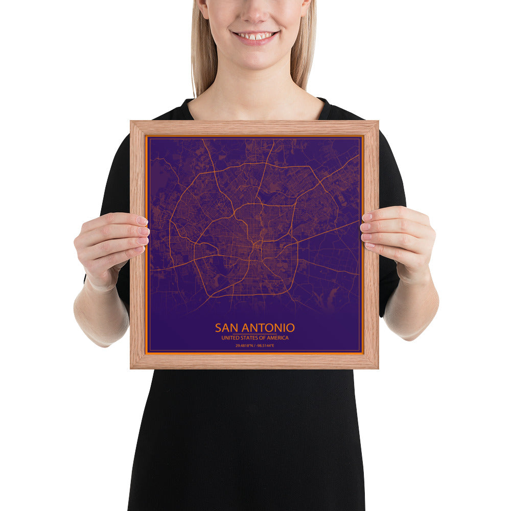 San Antonio Purple and Orange Framed Map