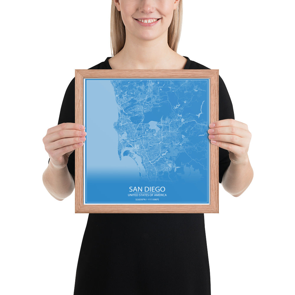 San Diego Blue and White Framed Map