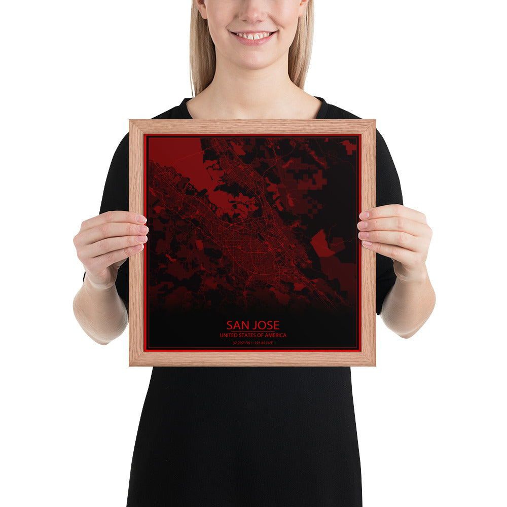 San Jose Black and Red Framed Map