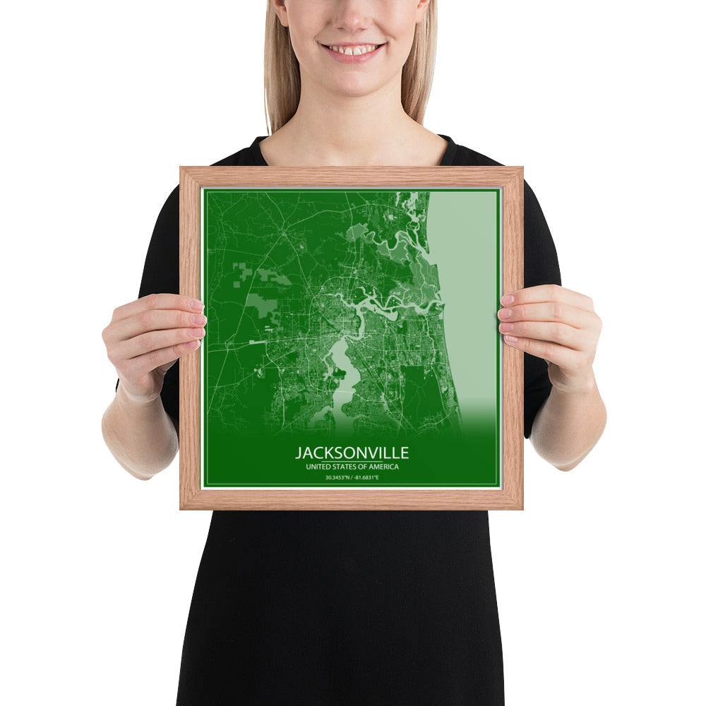 Jacksonville Green and White Framed Map