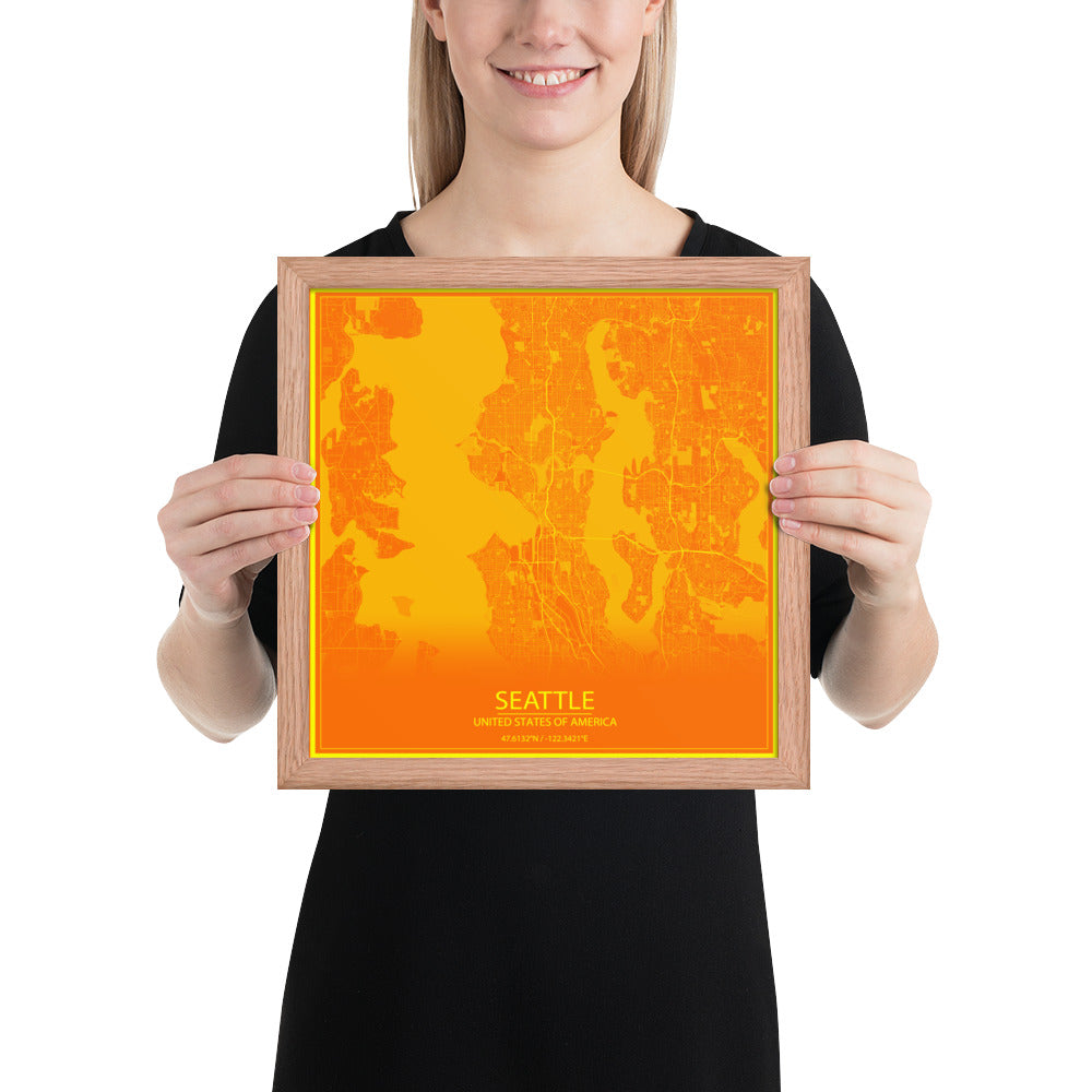 Seattle Orange and Yellow Framed Map