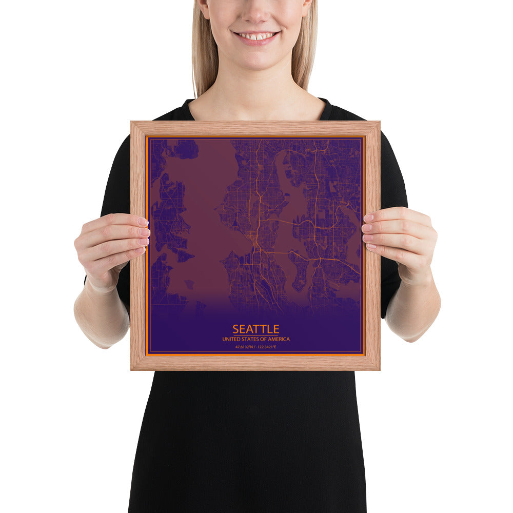Seattle Purple and Orange Framed Map