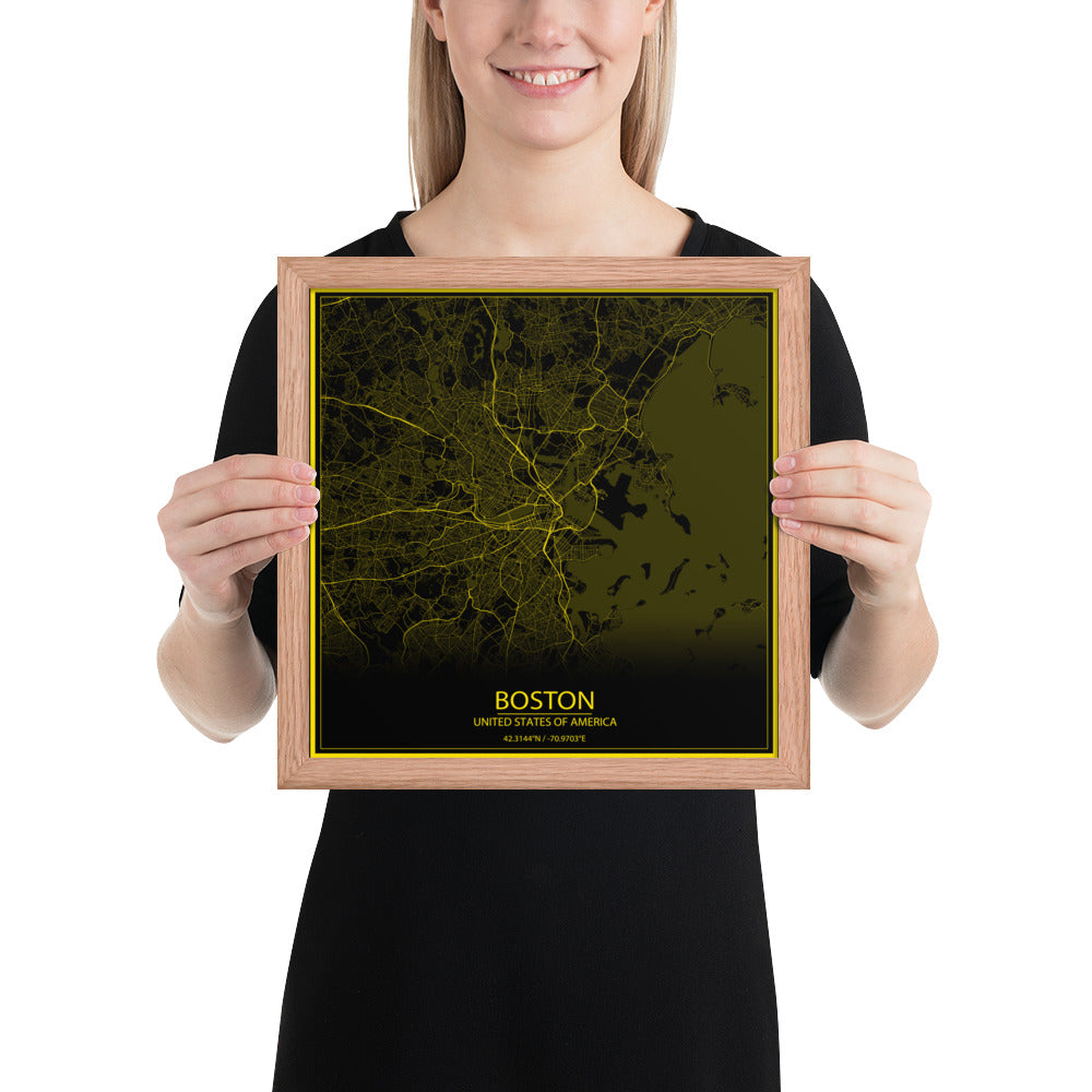 Boston Black and Yellow Framed Map