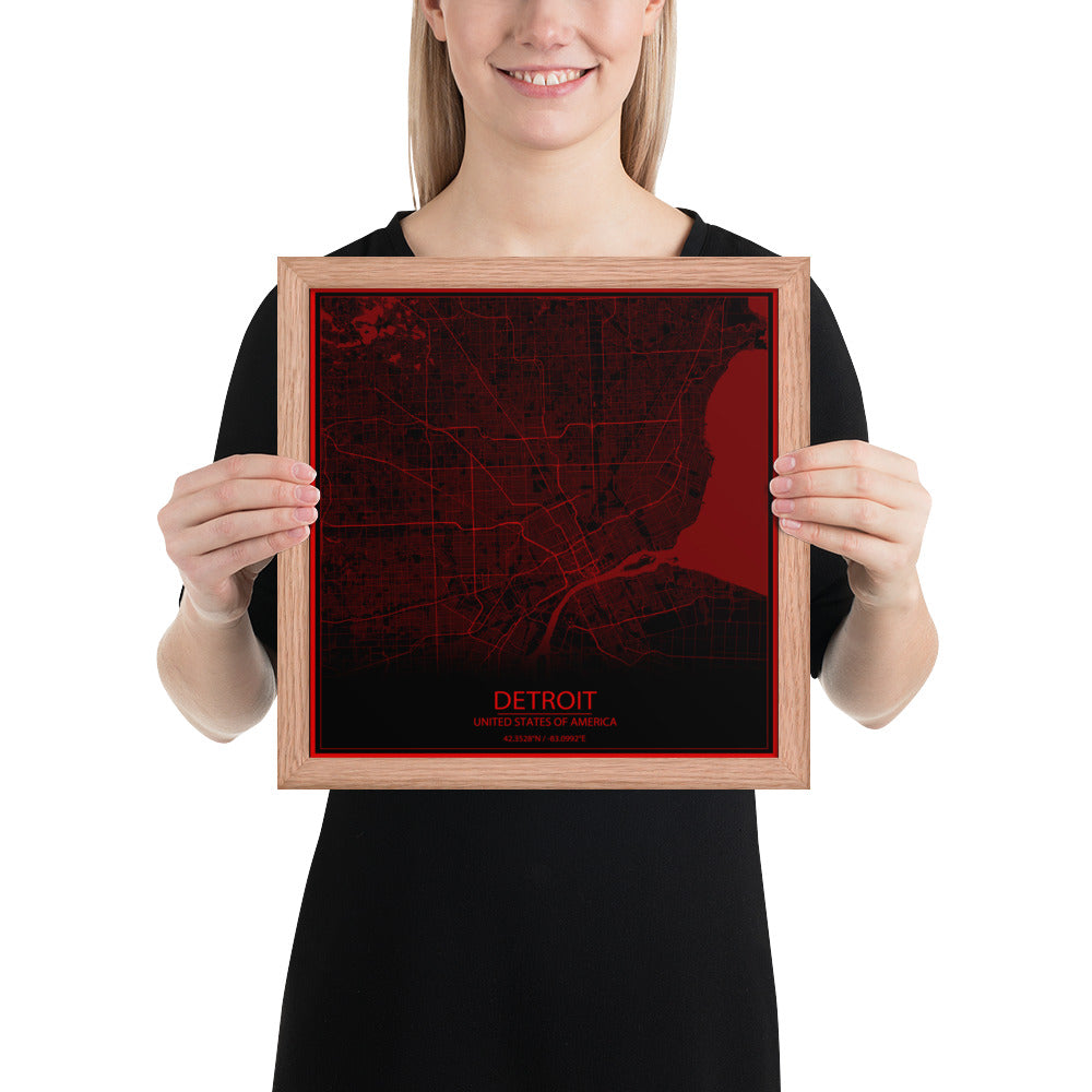 Detroit Black and Red Framed Map