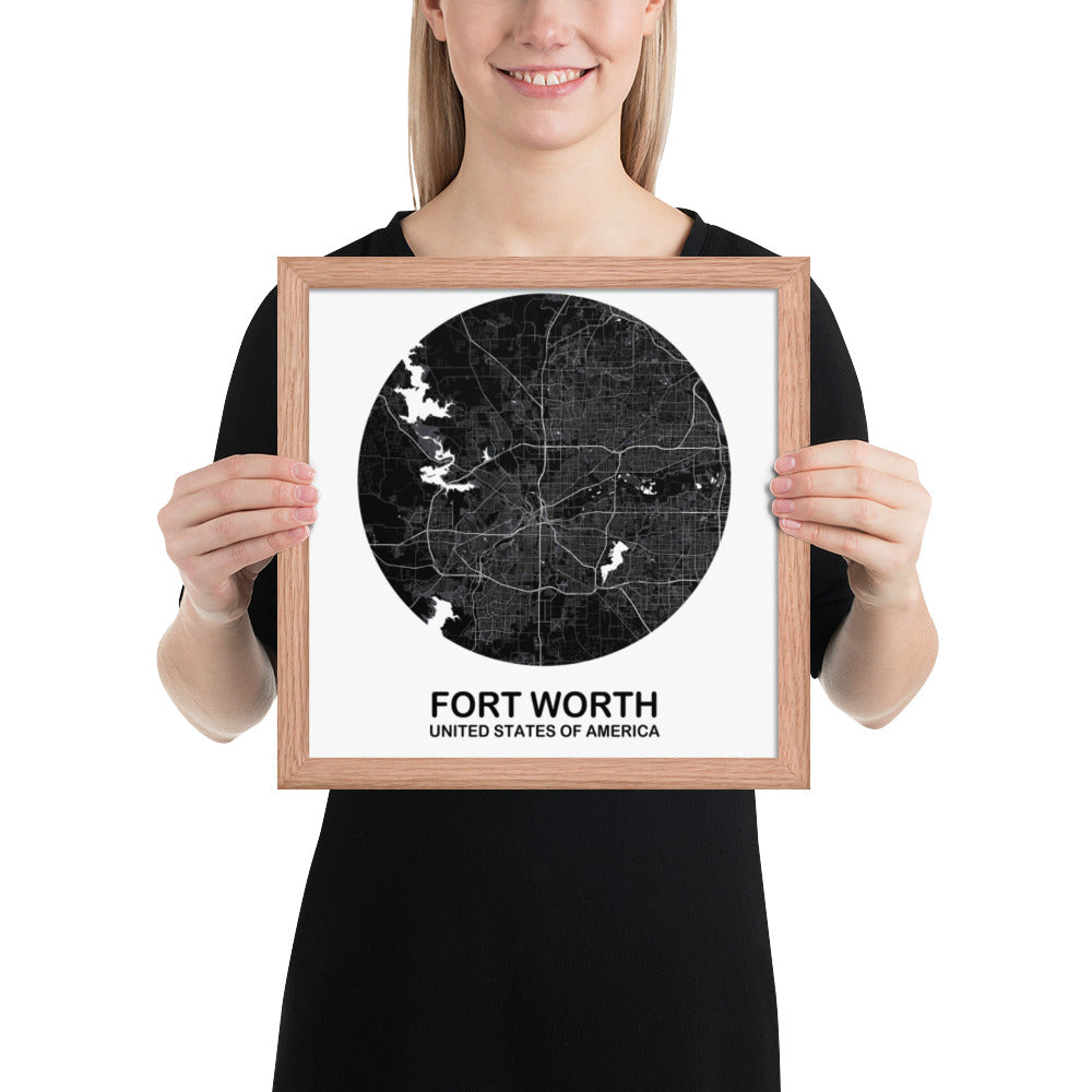 Fort Worth Circular Black Framed Map