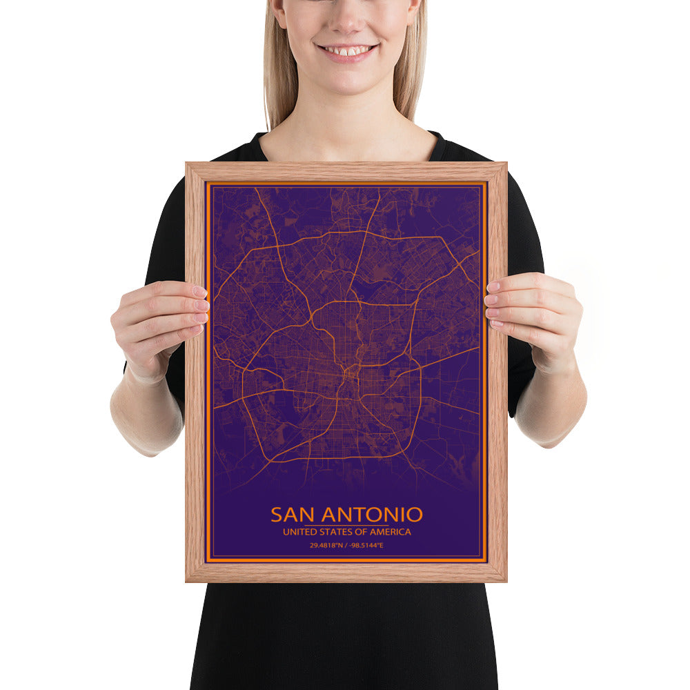 San Antonio Purple and Orange Framed Map