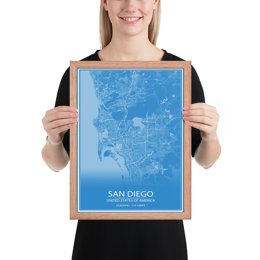 San Diego Blue and White Framed Map