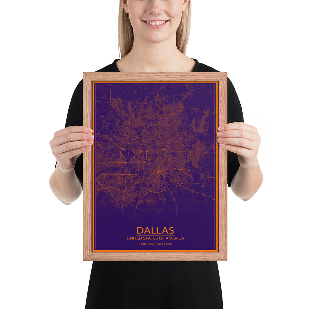 Dallas Purple and Orange Framed Map