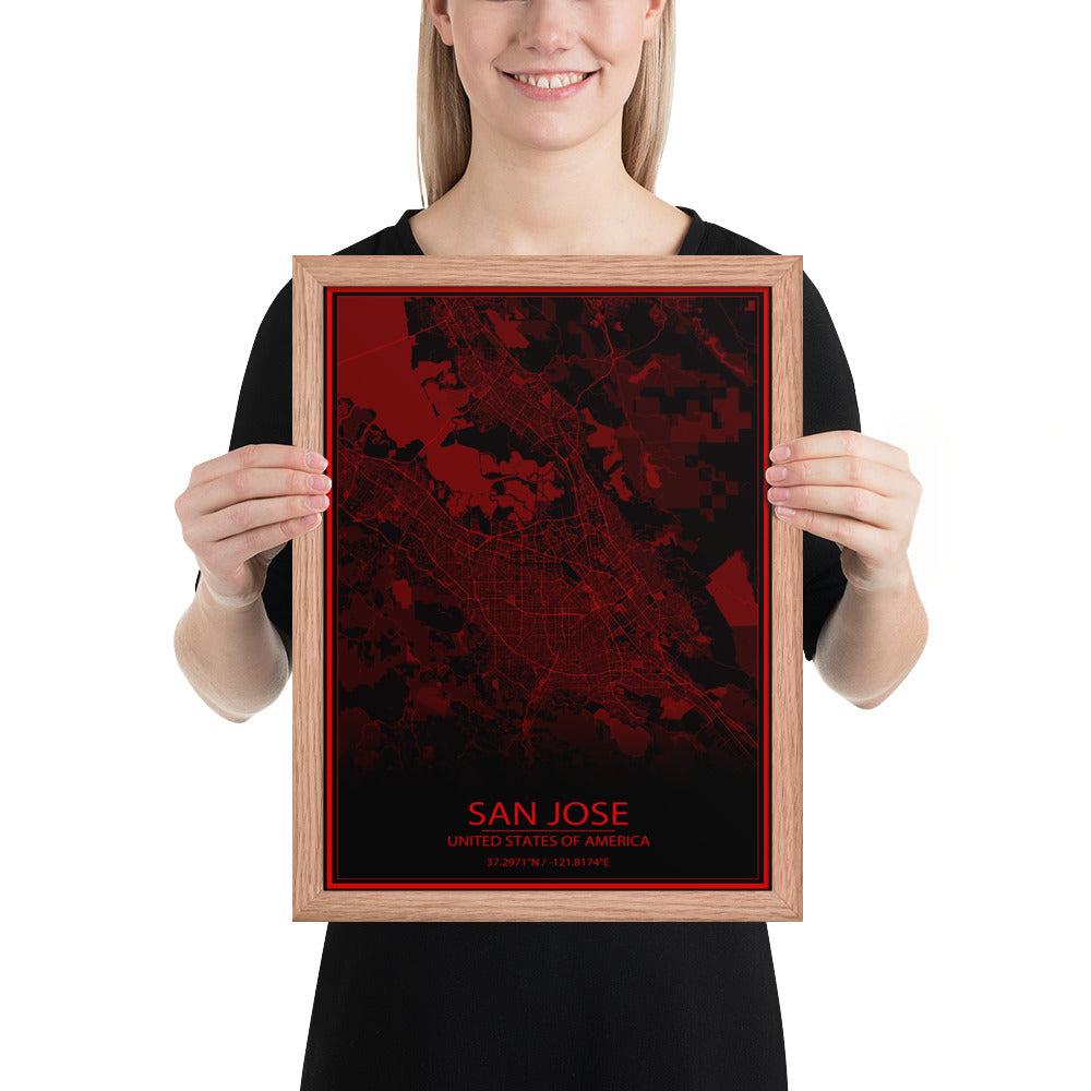 San Jose Black and Red Framed Map