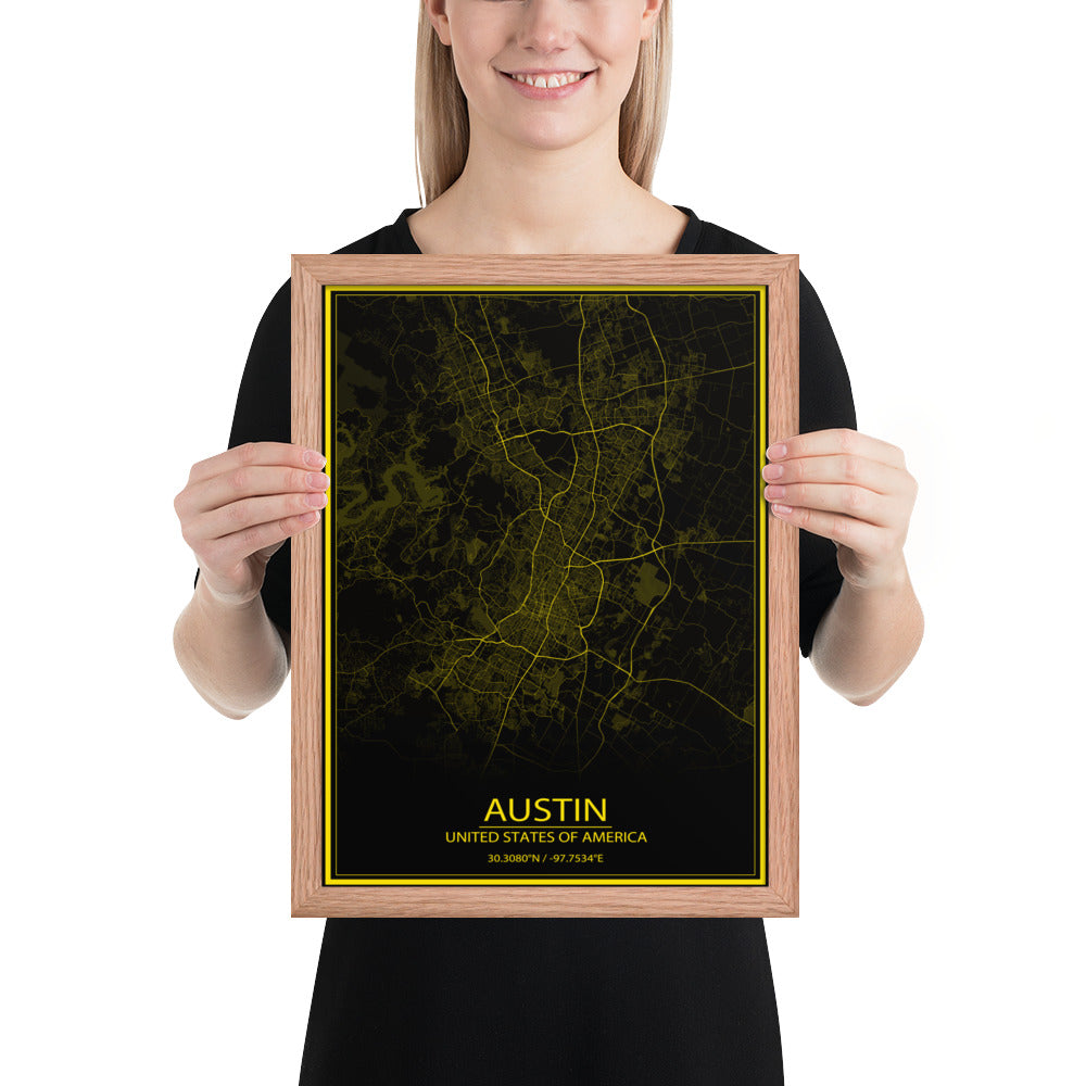 Austin Black and Yellow Framed Map