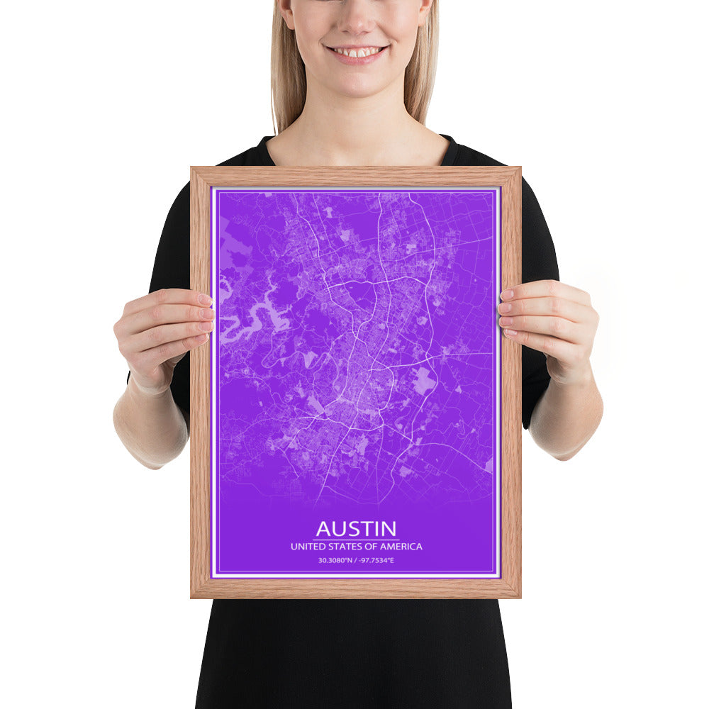 Austin Purple and White Framed Map