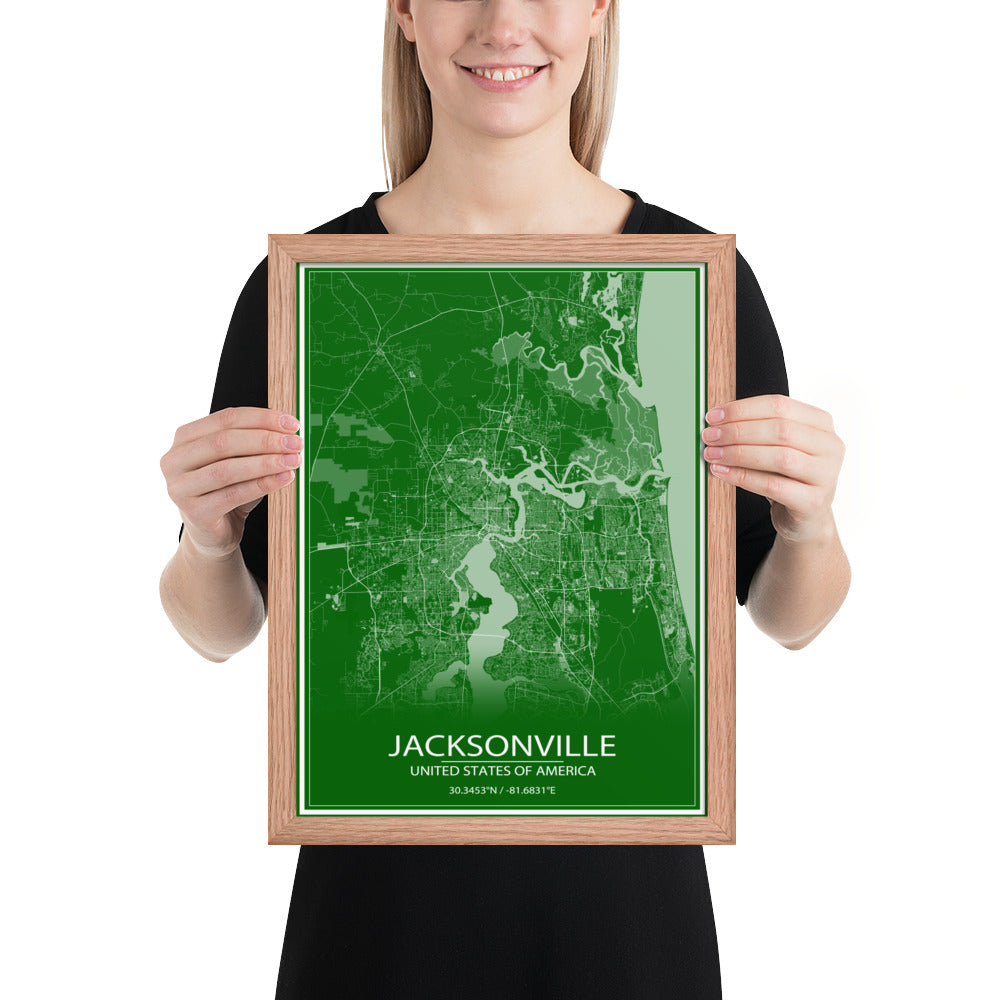 Jacksonville Green and White Framed Map