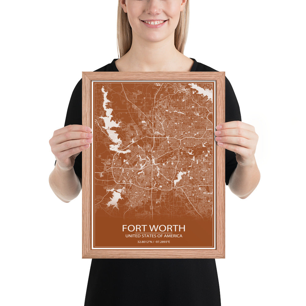Fort Worth Brown and White Framed Map