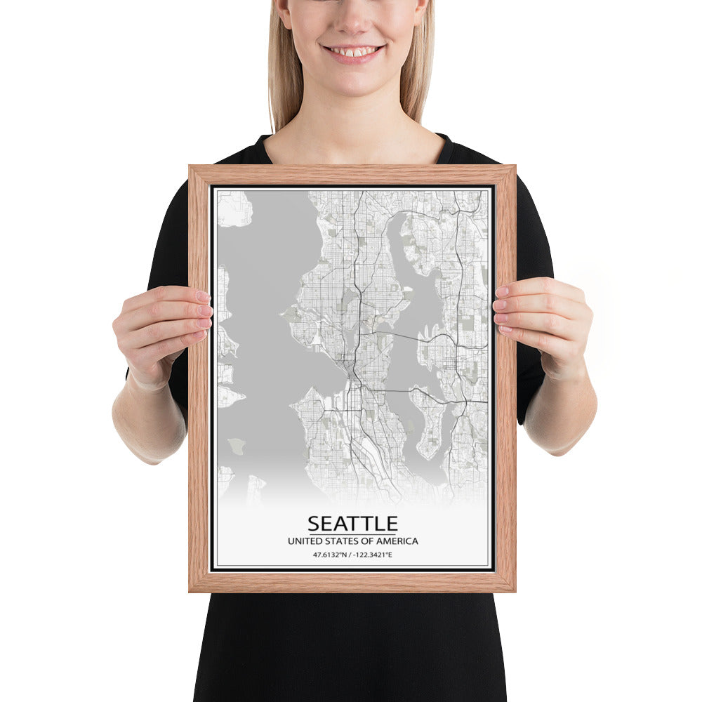 Seattle White Framed Map