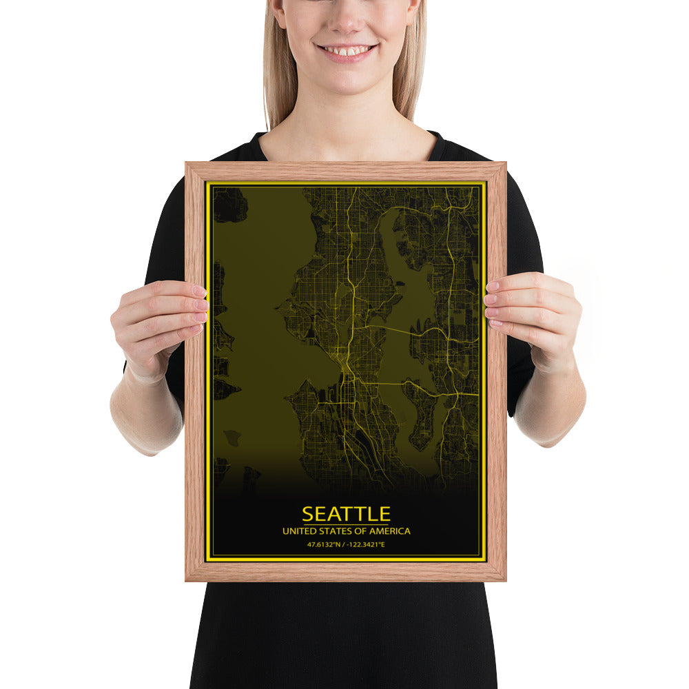 Seattle Black and Yellow Framed Map