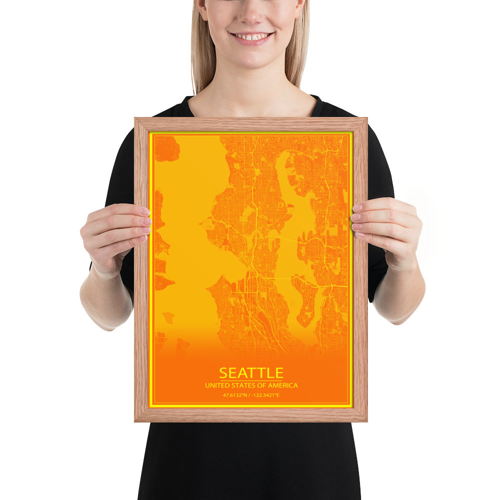 Seattle Orange and Yellow Framed Map