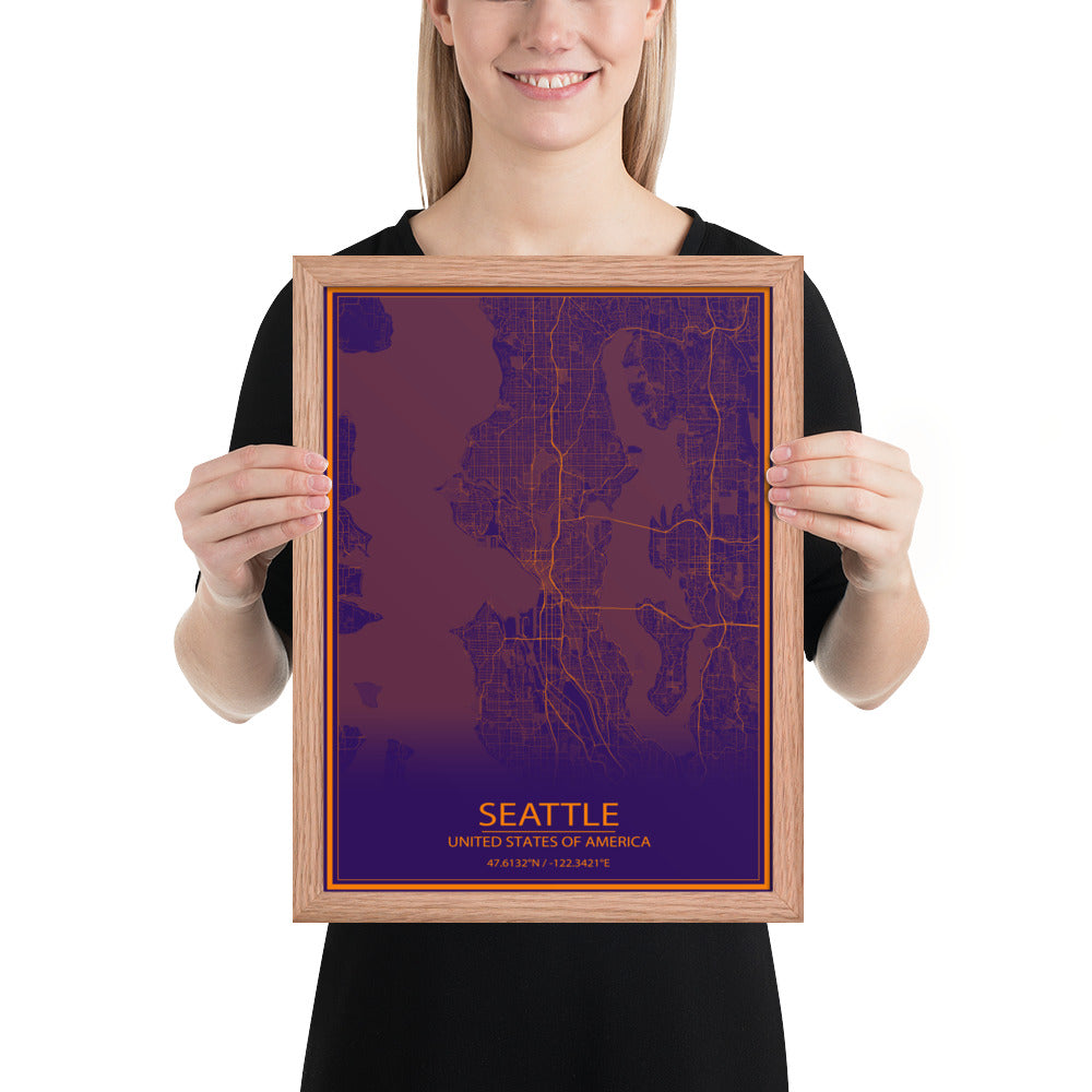 Seattle Purple and Orange Framed Map