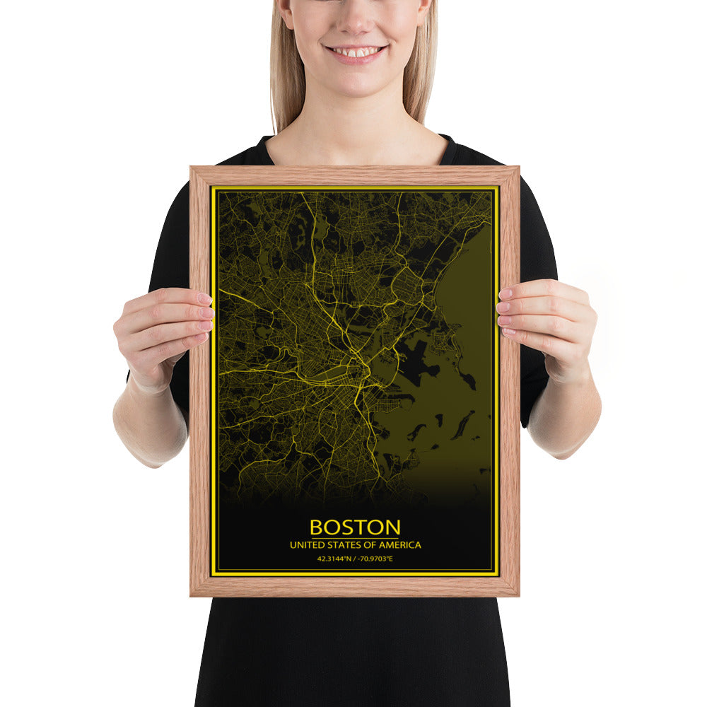 Boston Black and Yellow Framed Map