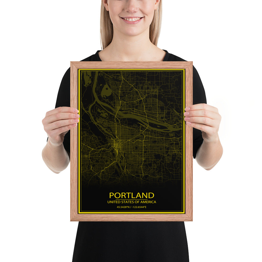 Portland Black and Yellow Framed Map