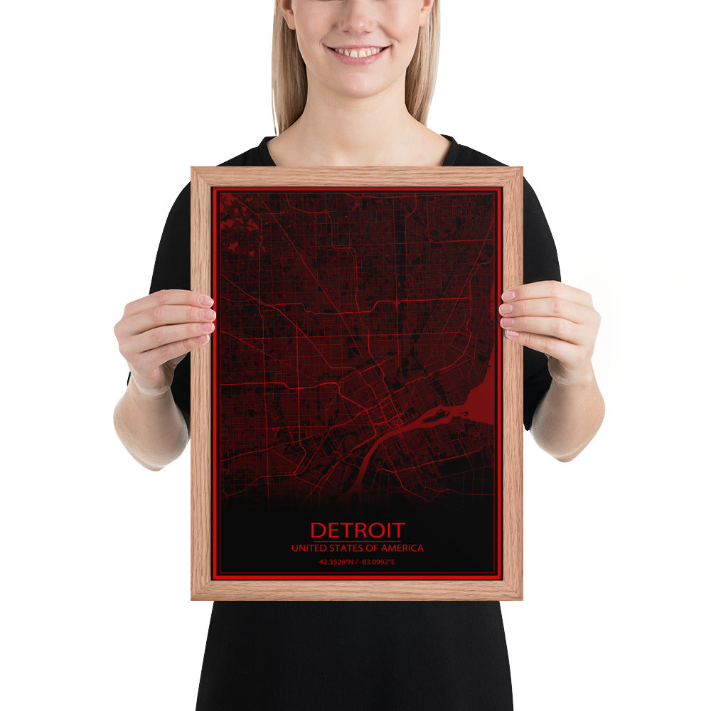 Detroit Black and Red Framed Map
