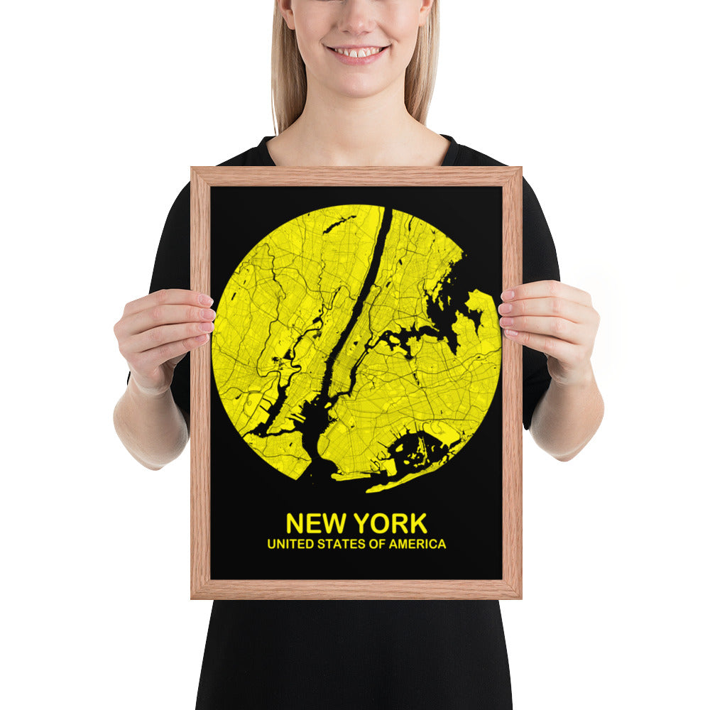 New York Circular Yellow Framed Map