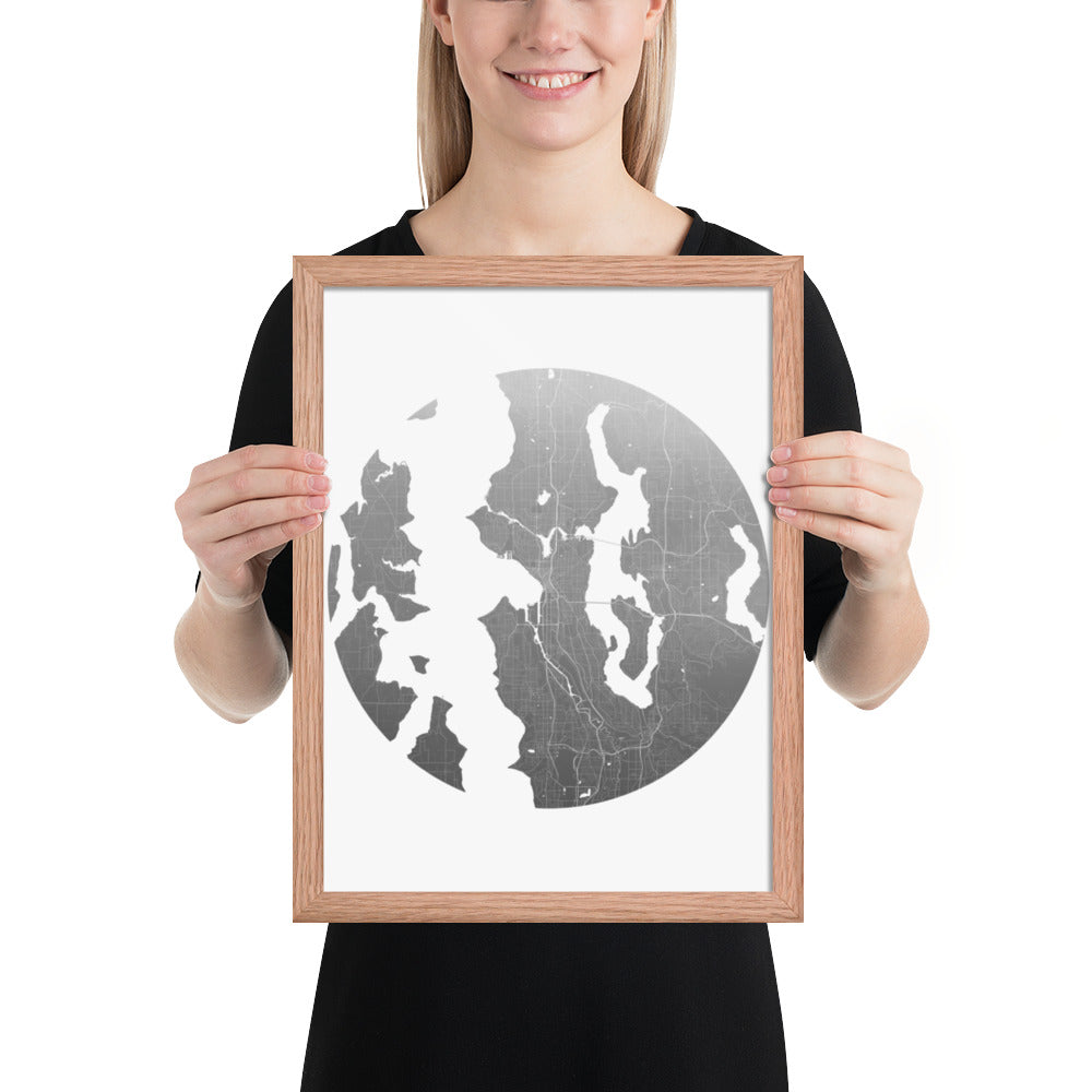 Seattle Silver on White Framed Map