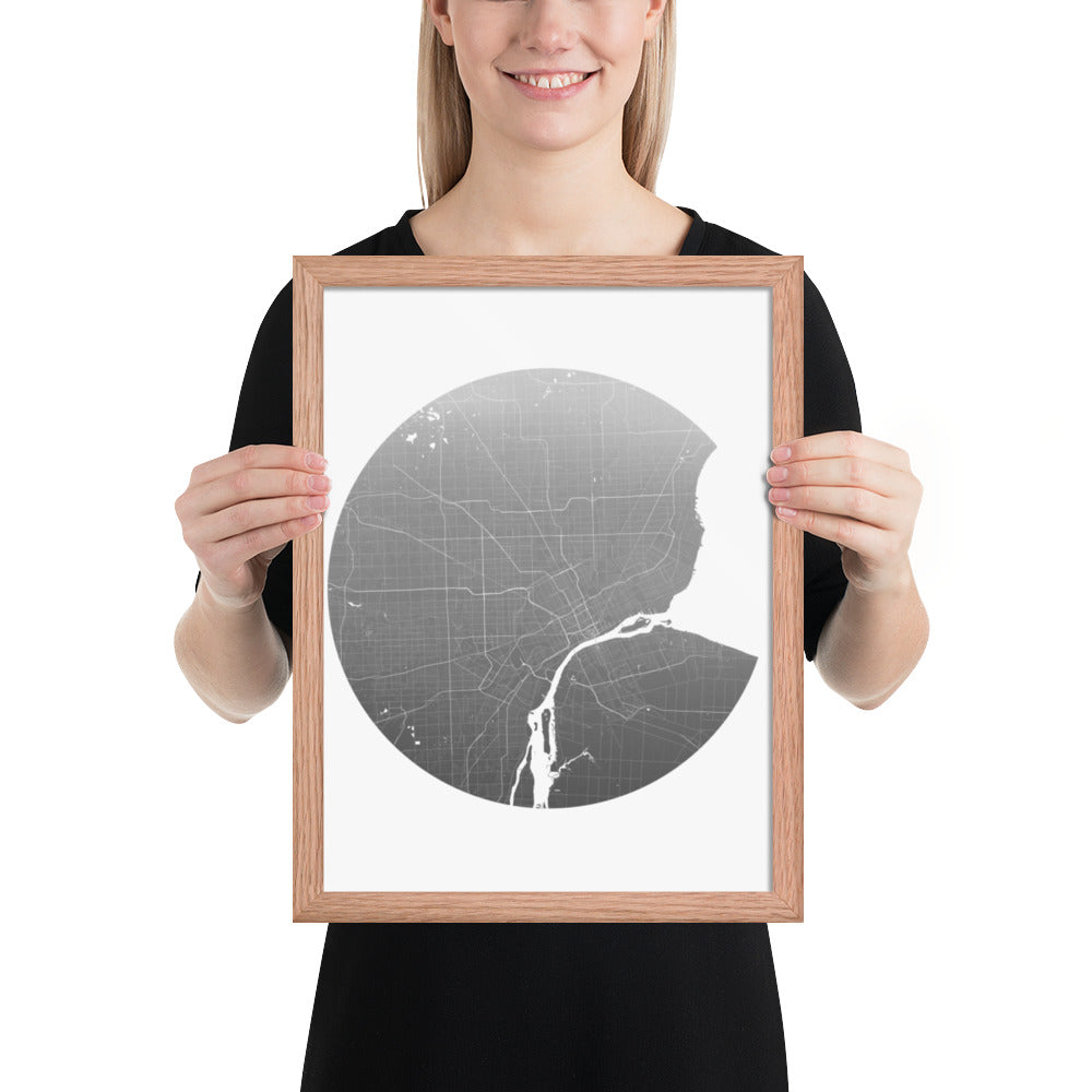 Detroit Silver on White Framed Map