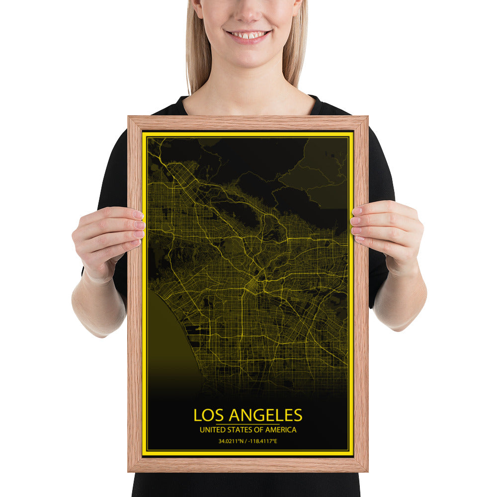 Los Angeles Black and Yellow Framed Map