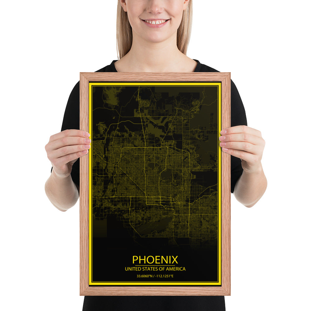 Phoenix Black and Yellow Framed Map
