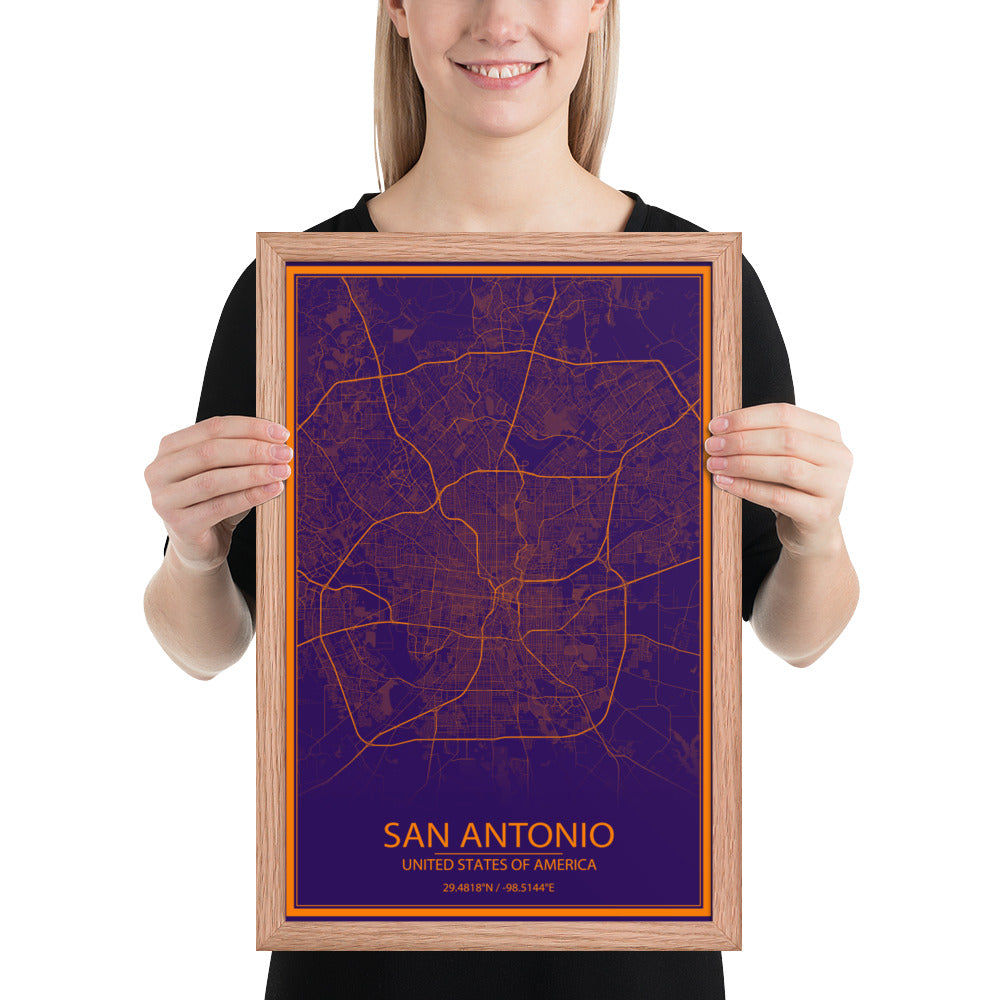 San Antonio Purple and Orange Framed Map