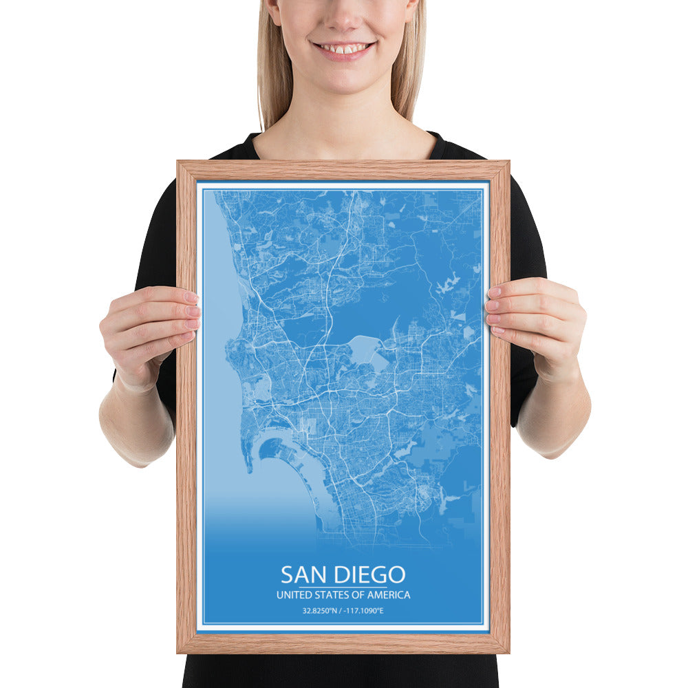 San Diego Blue and White Framed Map