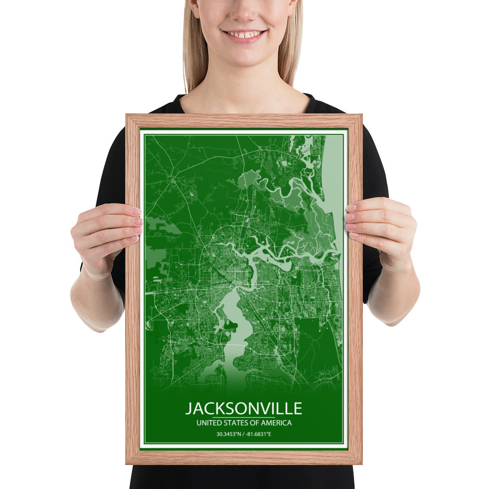 Jacksonville Green and White Framed Map