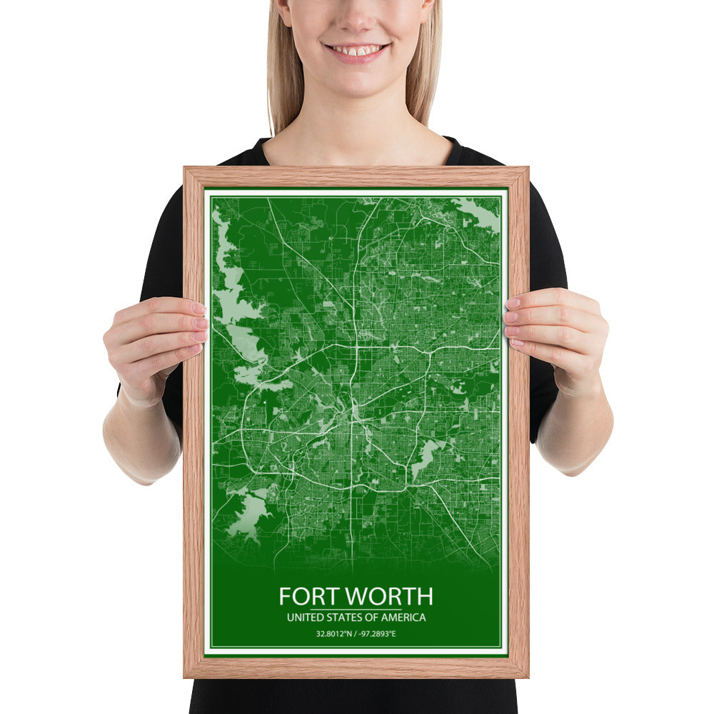 Fort Worth Green and White Framed Map