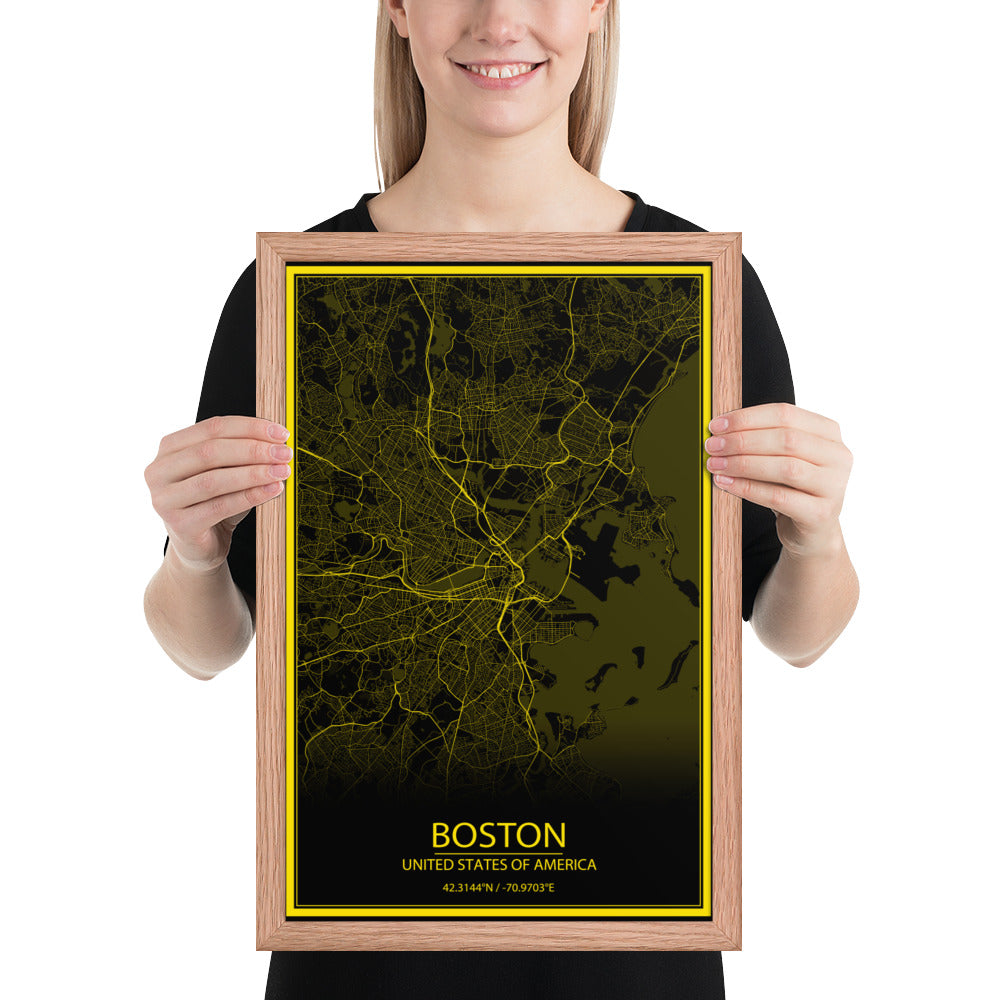Boston Black and Yellow Framed Map