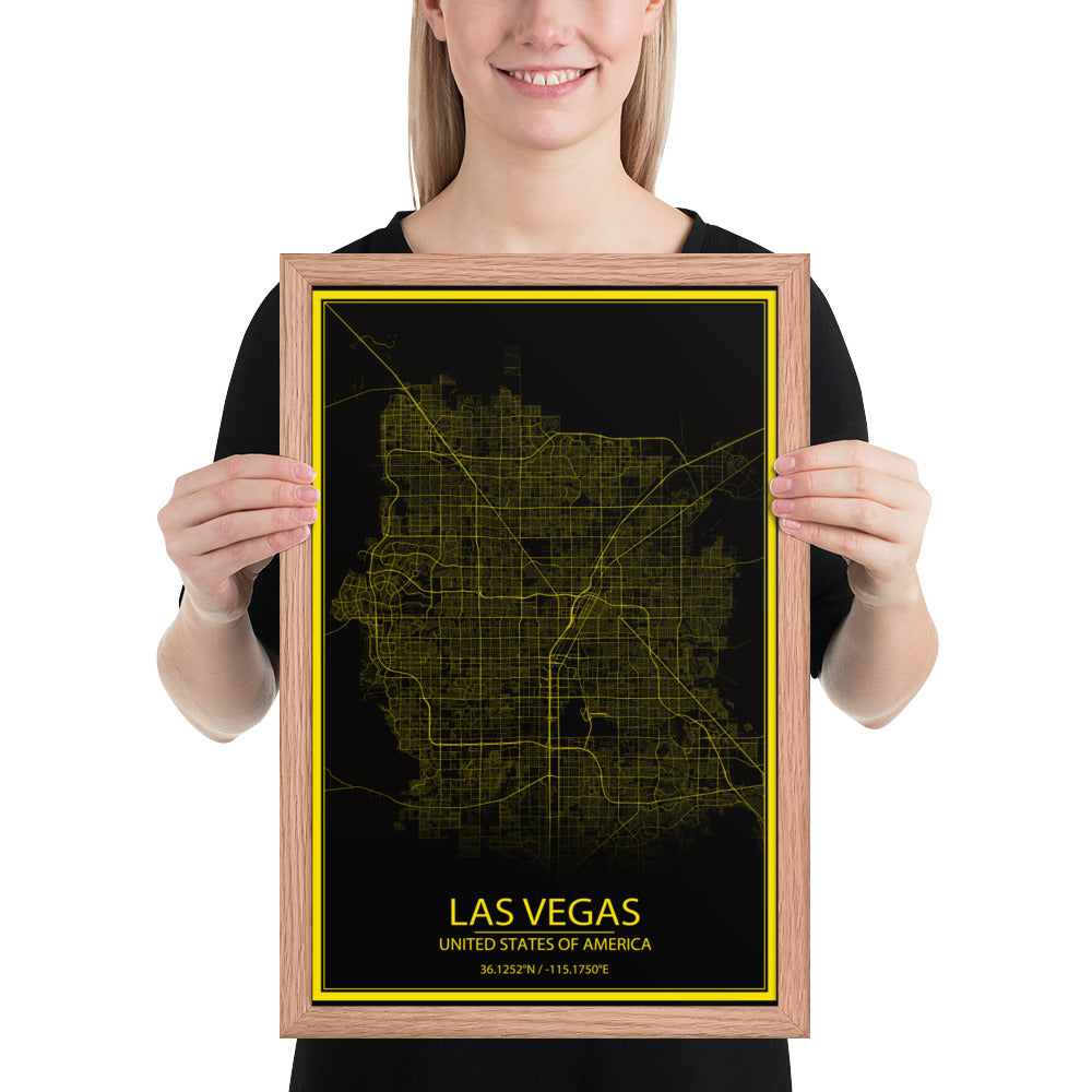 Las Vegas Black and Yellow Framed Map