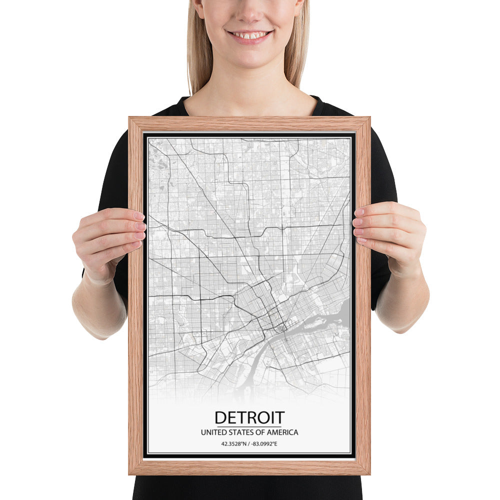 Detroit White Framed Map