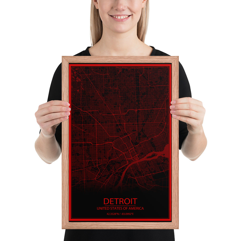 Detroit Black and Red Framed Map