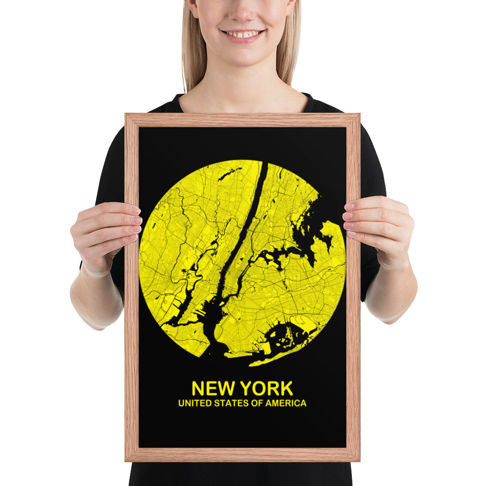 New York Circular Yellow Framed Map