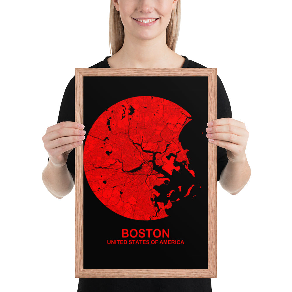 Boston Circular Red Framed Map