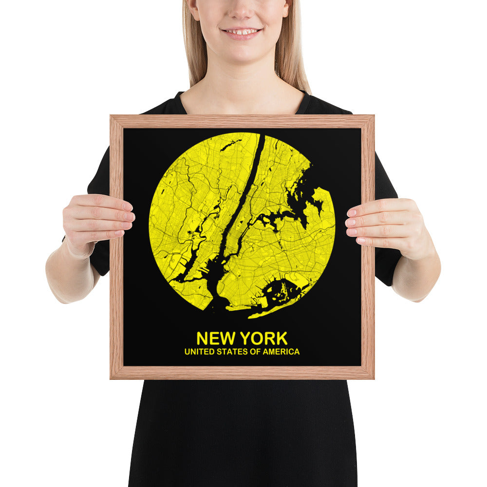 New York Circular Yellow Framed Map