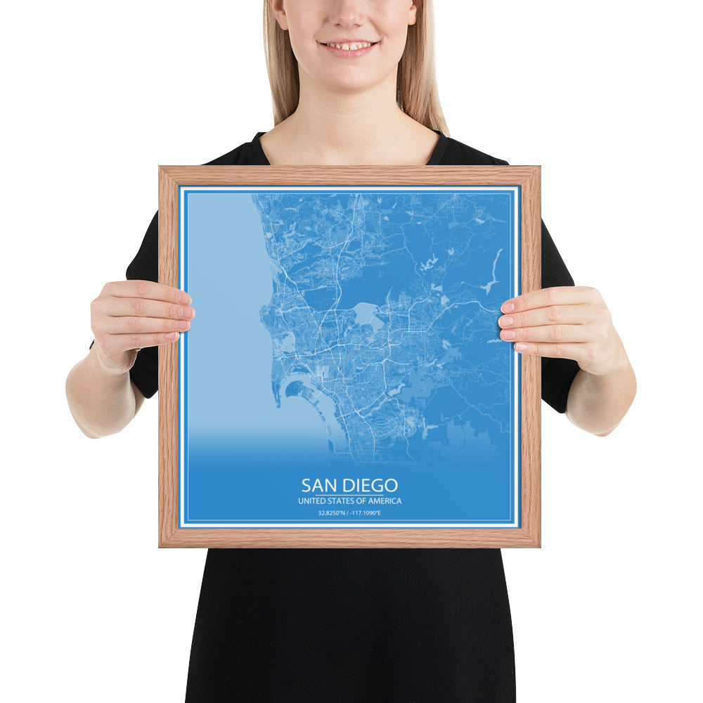 San Diego Blue and White Framed Map