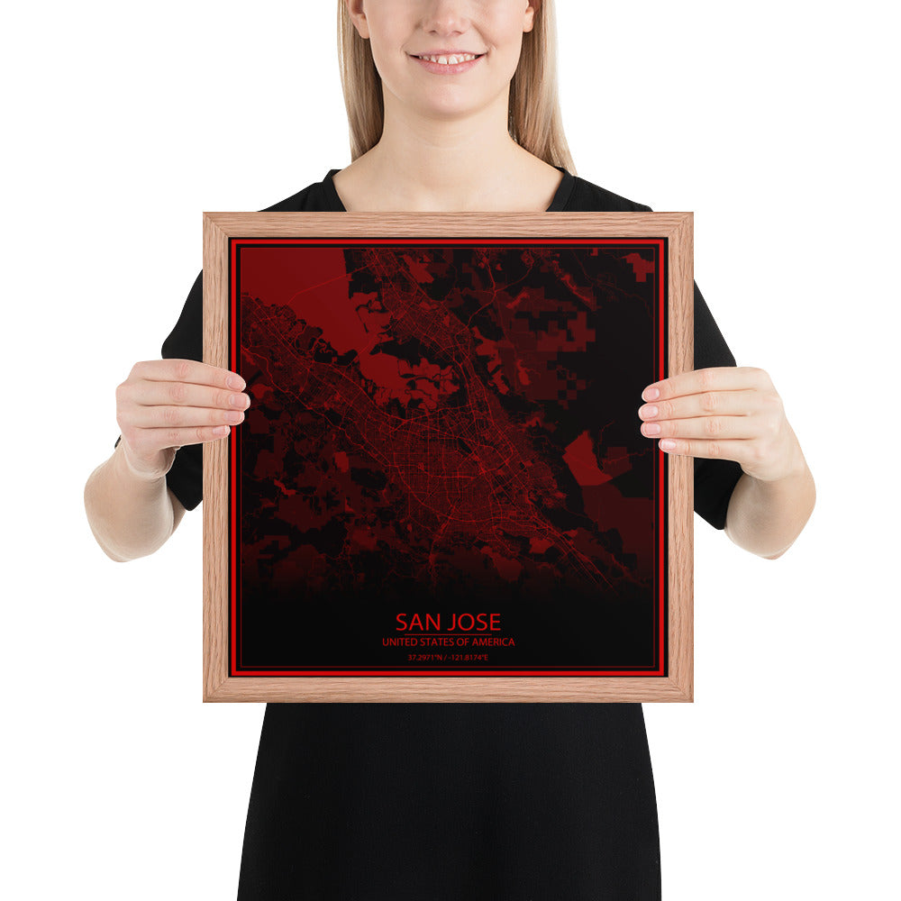 San Jose Black and Red Framed Map