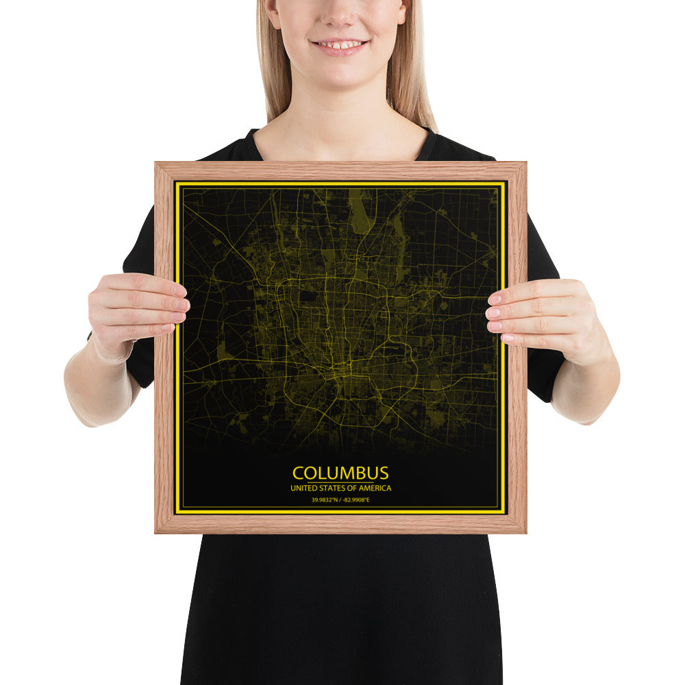 Columbus Black and Yellow Framed Map