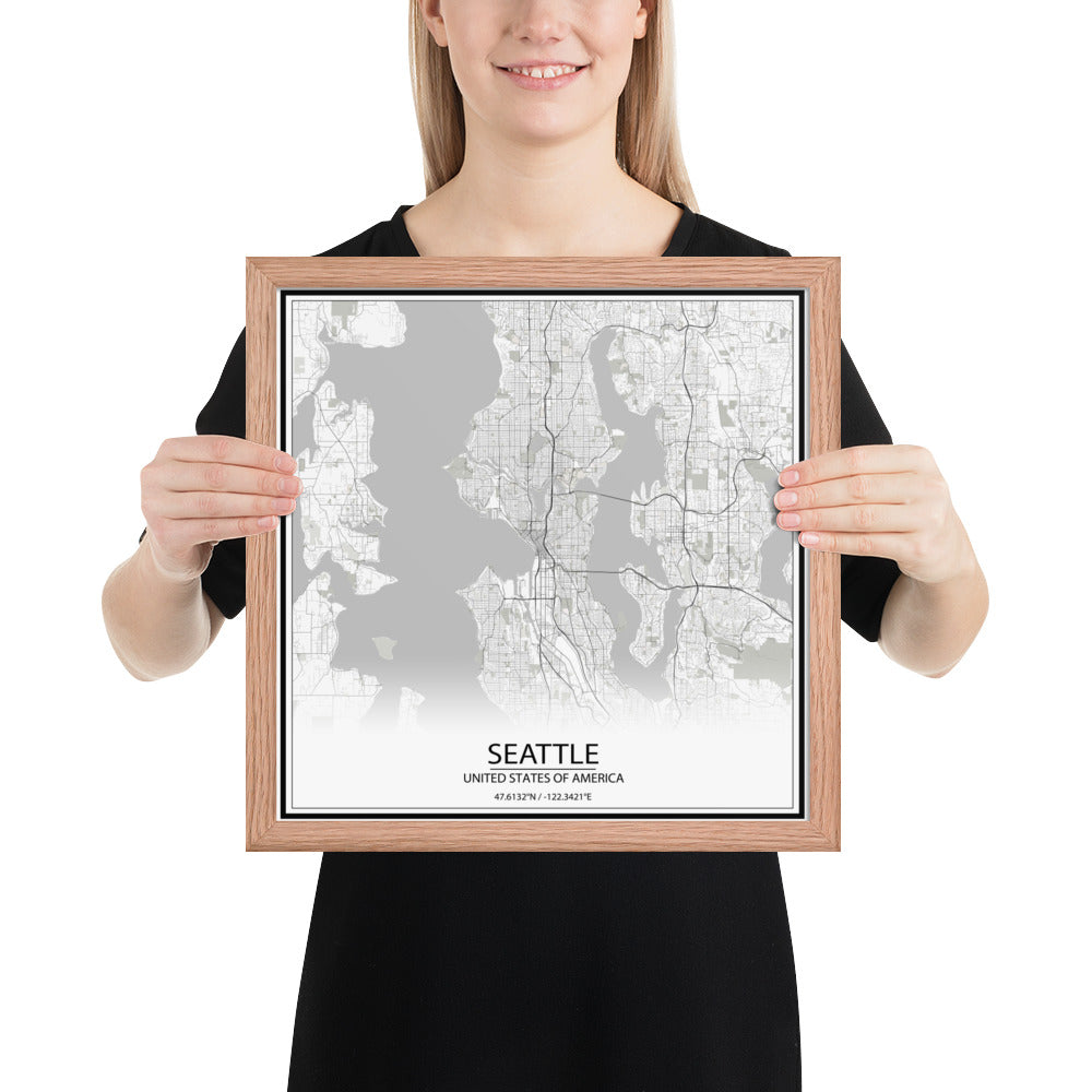 Seattle White Framed Map
