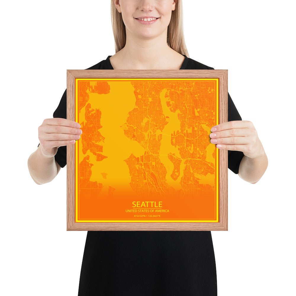 Seattle Orange and Yellow Framed Map