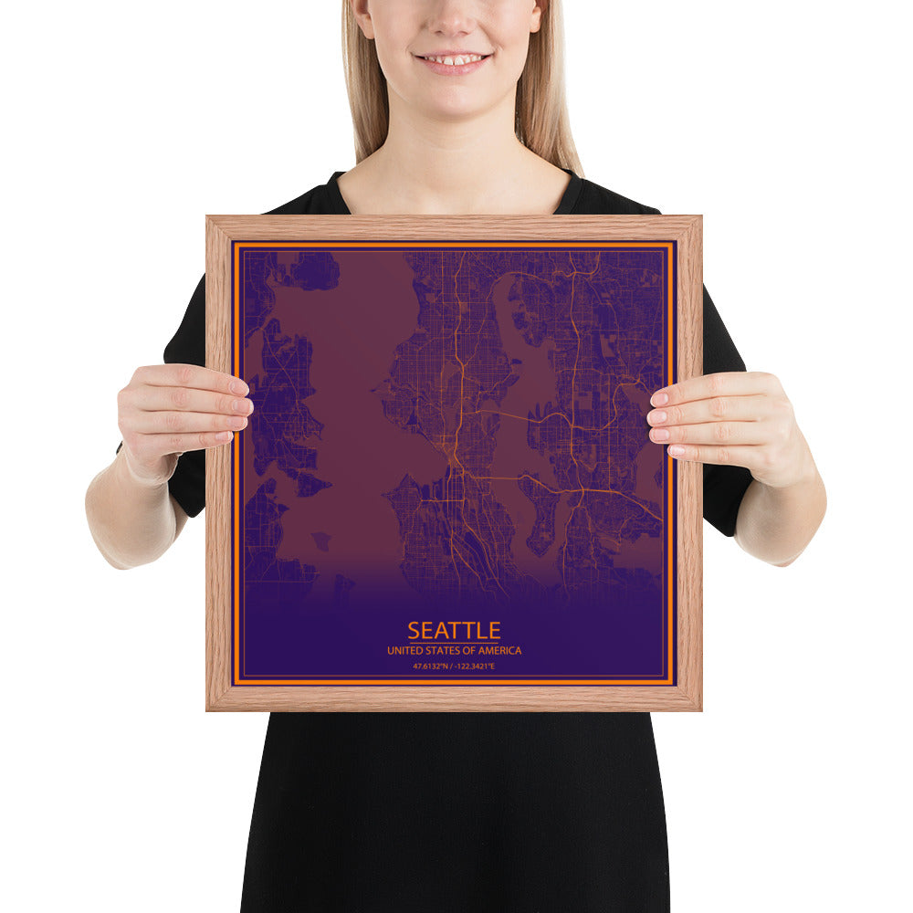Seattle Purple and Orange Framed Map