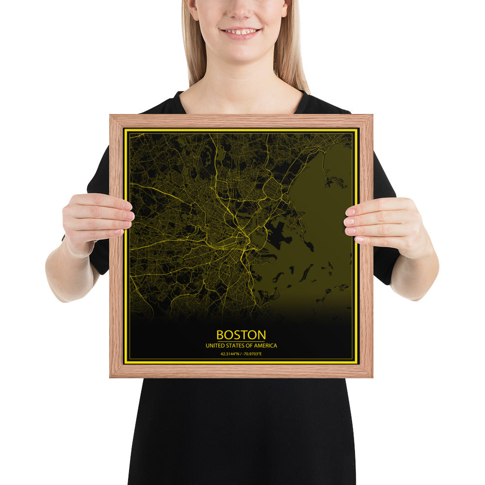 Boston Black and Yellow Framed Map
